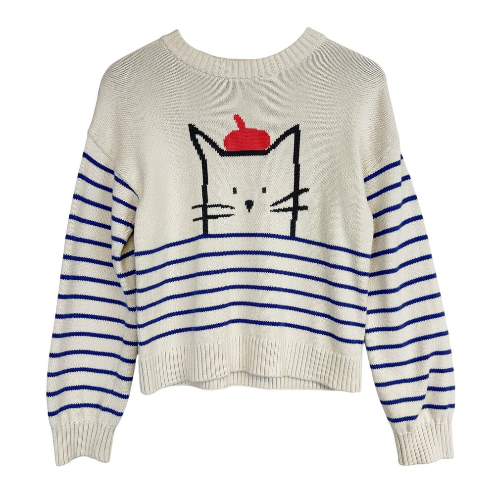 Tea Collection Girls Stripe Knit Sweater Cat Beret Hat Cream Blue - XL 12-14